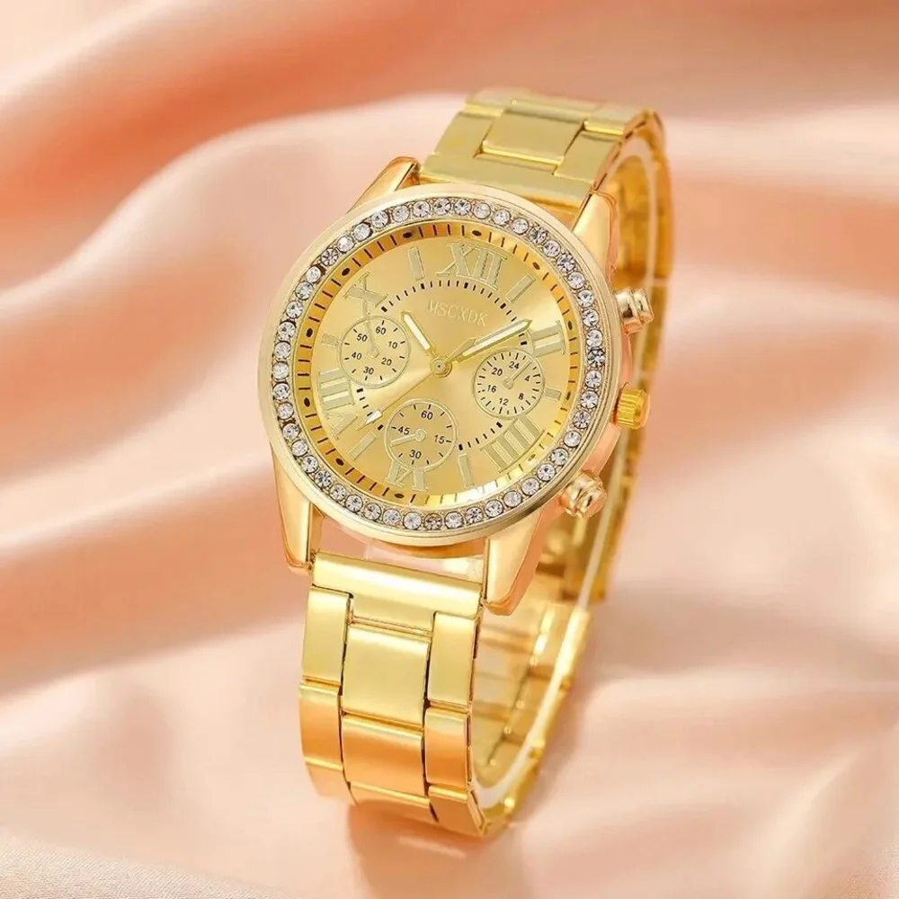 6 Piece Set Women Fashion Roman Dial‎ Stainless Steel Strap Quartz Wrist Watch